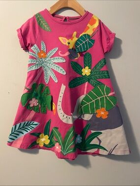 Mini Boden Hot Pink Jungle Print Dress with Green Accents size: 5-6